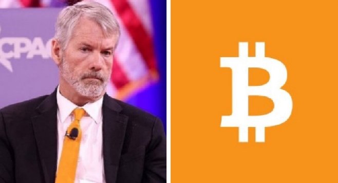 A man in a dark suit with a yellow tie stands at a CPAC podium on the left, paired with the Bitcoin "₿" logo on an orange background on the right. The image illustrates the accompanying post about Strategy ($MSTR) and Michael Saylor preparing for a potential $5 billion Bitcoin sale, one of the largest potential BTC sell-side events on record.