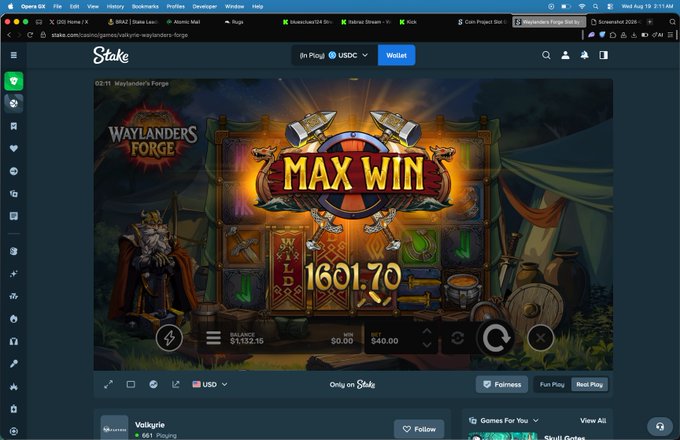 A screenshot of the Stake.com platform shows a "Waylander's Forge" slot game displaying a "MAX WIN" of $1,601.70 with an active bet of $40.00. The image captures the celebratory win screen, matching the post's excitement about hitting a big late-night max win on the slot game.