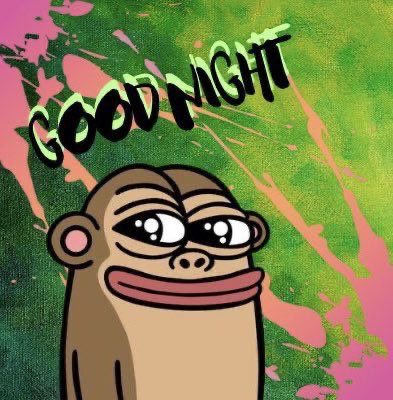A cartoon illustration of a wide-eyed monkey face below the text 'GOOD NIGHT' set against a vibrant green background with pink splatter effects.