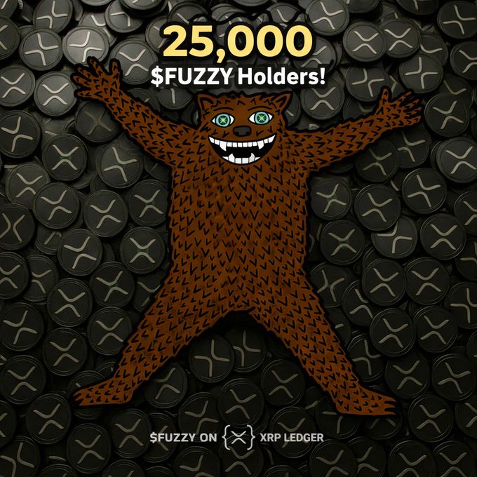 A promotional graphic featuring a brown cartoon bear character with green X-eyes and a wide grin, announcing '25,000 $FUZZY Holders!' with '$FUZZY ON XRP LEDGER' text at the bottom against a background of XRP tokens.
