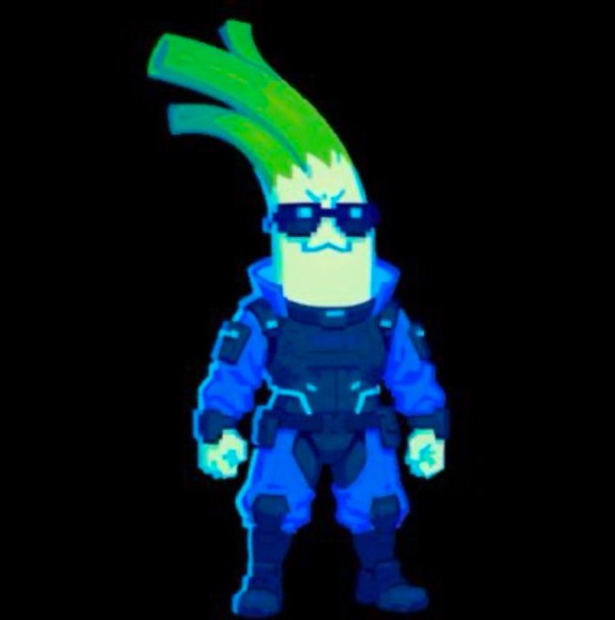 An animated character that looks like a green onion or leek wearing sunglasses and a blue futuristic armored suit, glowing against a black background.