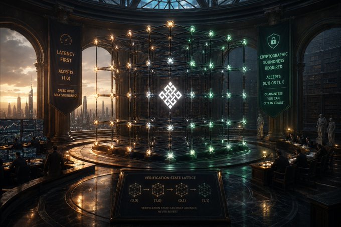 The image shows a large room with a circular structure at its center, surrounded by banners displaying various text such as "LATENCY FIRST", "VERIFICATION STATELETS", and "focus on what is in the image". The room also features a clock hanging from the ceiling and a window. The main focus of the image is the circular structure within the room, which appears to be a large screen or display with multiple lights illuminating it.