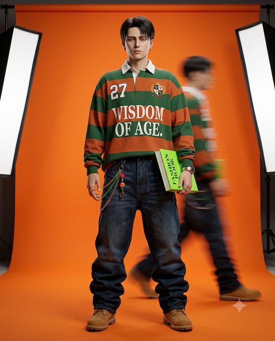 A young man poses in a studio with an orange backdrop, wearing a green and orange striped rugby shirt that reads "27 WISDOM OF AGE," baggy jeans, and holding a green notebook, while a blurred figure moves behind him—visually echoing the post's reflective Friday morning message about lessons learned and a final push to finish the week strong.