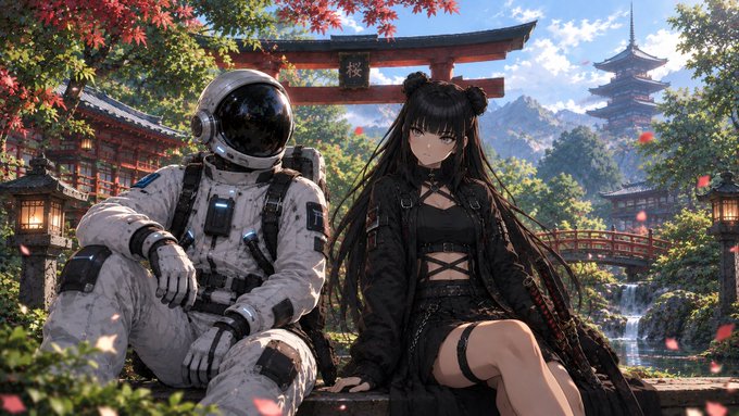 Anime-style illustration showing an astronaut and a dark-haired female character with cat ears sitting together in a Japanese garden with a pagoda and red torii gate in the background.