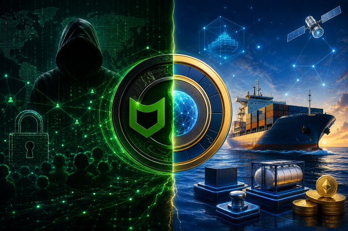 A split-image illustration contrasting a hooded hacker with green digital security elements on the left against legitimate cargo ships, satellite imagery, and gold coins on the right, separated by a green lightning bolt and a shield emblem.