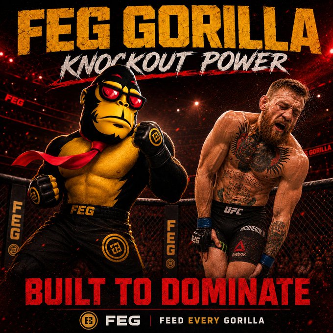 The promotional graphic for $FEG (Feed Every Gorilla) features the bold tagline "FEG GORILLA KNOCKOUT POWER" and "BUILT TO DOMINATE," depicting an illustrated gorilla mascot in boxing gloves squaring off against a bloodied, roaring Conor McGregor in the octagon. The image visually reinforces the post's punchline comparing $FEG's 5.5+ years of crypto endurance to McGregor's legendary hamstring injury, framing the token as an unstoppable force.