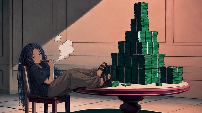 An illustration of a young woman with blue braided hair lounging on a table with her feet propped up, smoking a blunt next to a large pyramid of stacked cash.