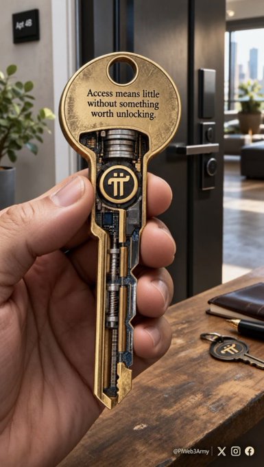 A hand holding a decorative brass key with a transparent skeleton design and an engraved Pi cryptocurrency logo, accompanied by the text 'Access means little without something worth unlocking' on its handle.