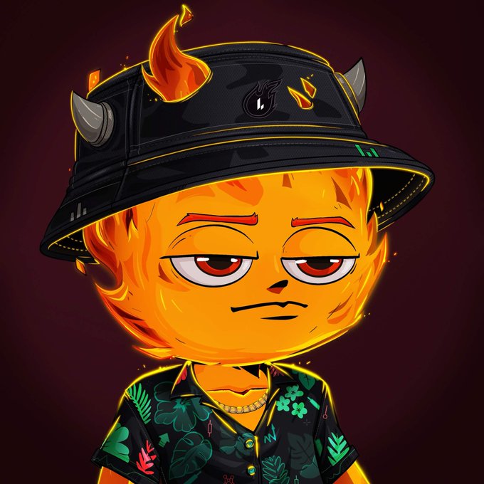 A cartoonish fire-headed character wearing a black horned bucket hat and a tropical-print shirt, looking unbothered with half-lidded eyes, fits the "Fuego Art Contest" call by serving as a creative, meme-worthy take on the Fuego character that participants could reimagine or parody.