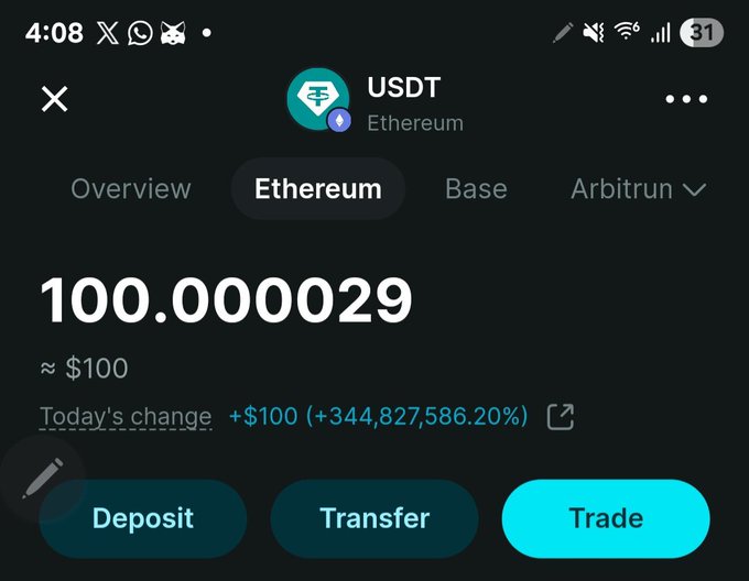 A screenshot of a cryptocurrency wallet app displaying a USDT (Ethereum) balance of 100.000029 (~$100) with options for Deposit, Transfer, and Trade.
