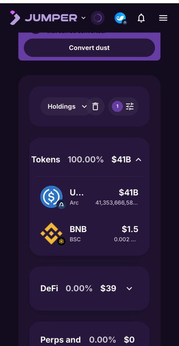 A Jumper Exchange dashboard showing portfolio holdings with USDC tokens valued at $41B on Arc network (100% of holdings) and minor BNB holdings on BSC, with empty DeFi and Perps sections.