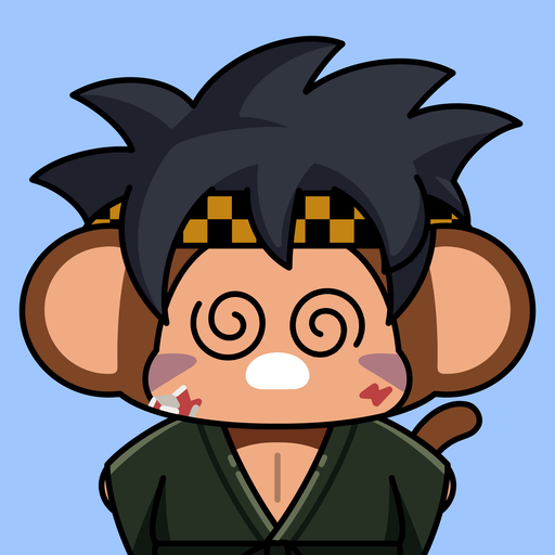 Cartoon illustration of a monkey character with swirling eyes, blood on its mouth, wearing a yellow and black checkered headband and a green martial arts robe.