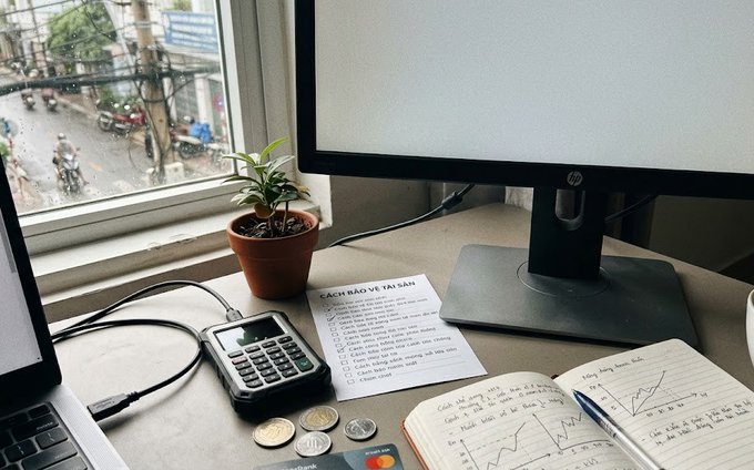 A desk setup with a calculator, coins, notebook, and a printed checklist titled 'CÁCH BẢO VỆ TÀI SẢN' next to a monitor, with a small potted plant by the window overlooking a street.