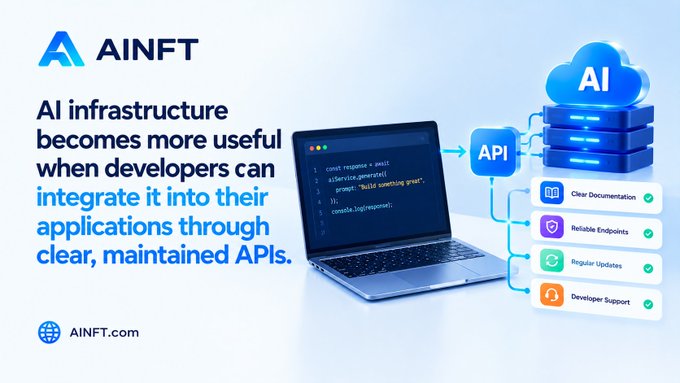 AINFT promotional graphic stating 'AI infrastructure becomes more useful when developers can integrate it into their applications through clear, maintained APIs,' featuring a laptop connecting to an AI cloud via API.