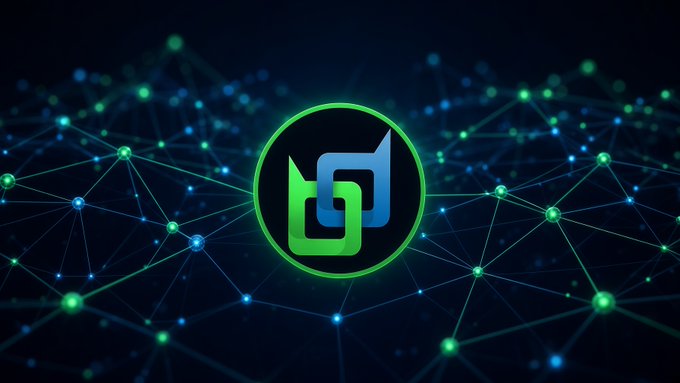 A logo featuring a green and blue geometric design inside a circle, set against a background of a connected blue and green network node pattern.