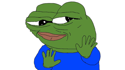 A drawing of the "unsettled" Pepe the Frog meme character in a blue shirt, gesturing with raised hands in a seemingly defensive or hesitant manner, paired with a post about an anonymous trader complaining about missing a market dip to buy in.