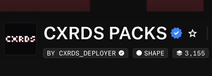 The image shows an OpenSea listing header for the "CXRDS PACKS" NFT collection by "CXRDS_DEPLOYER," verified with a blue checkmark and showing 3,155 items in the shape category. The accompanying post celebrates the collection's verified status on OpenSea, noting 28 ETH in trading volume.