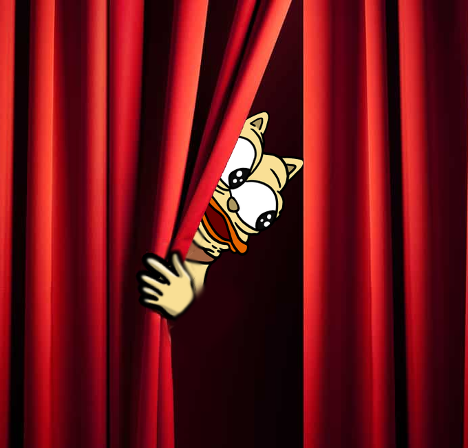 A cartoon cat character peeks through parted red theater curtains, with wide excited eyes suggesting a dramatic reveal—fitting imagery for announcing "$CHONKY's" generous $250K giveaway to Solana Saga holders.