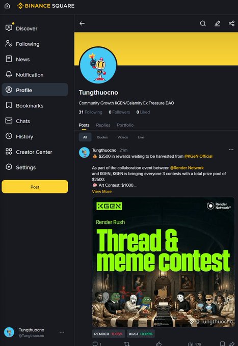 The image shows a screenshot of an Instagram profile page on Binance Square. The main post displays the details about the account creator, Tungthuocno, which includes their official location and a relevant hashtag. Various other posts and mentions are also visible in the background, indicating that this is a social media platform where users share content, connect with others, and discuss different topics of interest. Some of these posts include related to cryptocurrency, contest announcements, and other noteworthy events or discussions on Binance Square MySpace.