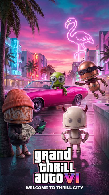 Video game promotional artwork titled 'GRAND THRILL AUTO VI - WELCOME TO THRILL CITY' featuring cartoon characters in a neon-lit Miami Vice-style setting with a pink flamingo sign and convertible car.