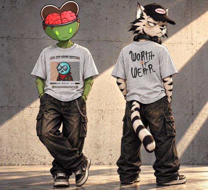 Two anthropomorphic characters—one with a green alien-like head and exposed brain, the other a cat wearing a cap—wear matching graphic t-shirts and baggy jeans in a stylized artwork.