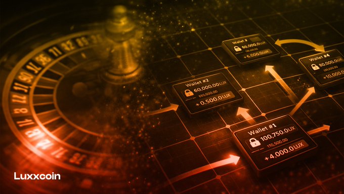 A roulette wheel sits beside networked digital wallets showing Luxxcoin transfers (Wallet #1: 100,750 LUX +4,000 LUX; Wallet #2: 60,000 LUX +500 LUX; Wallet #4: 50,000 LUX +5,000 LUX) with arrows mapping the flow of funds—visually contrasting gambling's randomness with Luxx's strategy-driven MemeFi reward system.