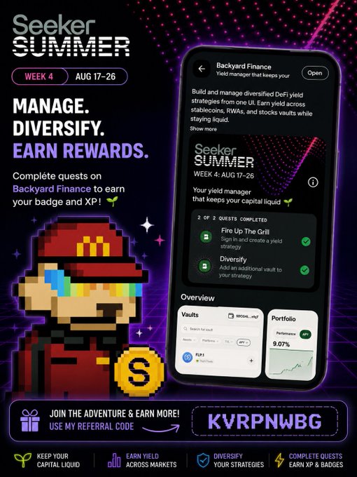 A promotional graphic for 'Seeker Summer' Week 4 challenges, featuring a pixel art character and a mobile app interface showing completed quests on Backyard Finance, with a referral code 'KVRPNWBG'.