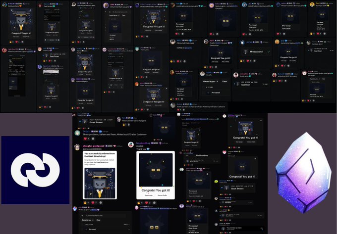 The image shows a collage of Twitter/X screenshots celebrating a successful NFT mint, featuring tweets about a "Congrats! You got it!" message along with the Cashmere Labs logo and a diamond/gem NFT graphic. The visible text mentions a "Free mint" with a "+$100 Floor price" from @CashmereLabs, aligning with the post's excitement over covering all GEMs and pushing the floor price higher.