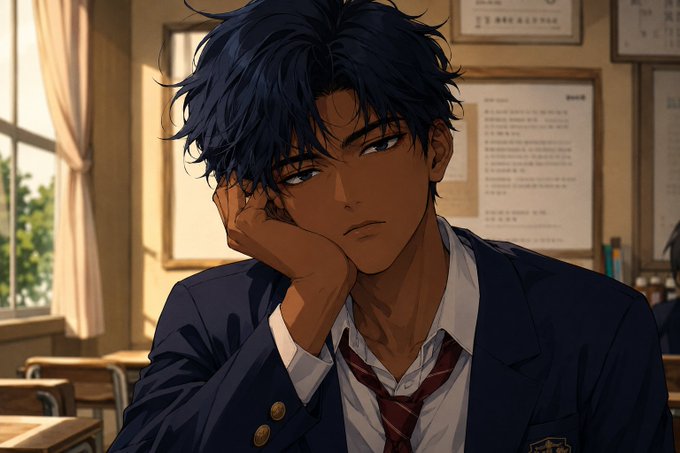 An anime-style illustration of a young man with messy dark blue hair, wearing a school uniform and resting his face on his hand in a classroom setting.