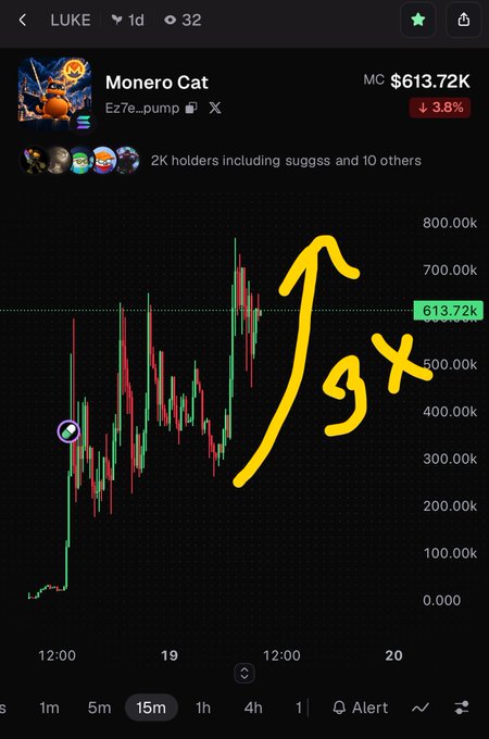 A cryptocurrency chart for 'Monero Cat' showing a price of $613.72K with a 3.8% decrease, marked with a hand-drawn yellow arrow labeled '1gx'.