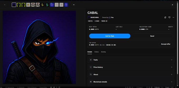 A screenshot of a digital marketplace showing an NFT named 'CABAL' for sale, featuring a hooded, masked character with a glowing blue eye and a sword.