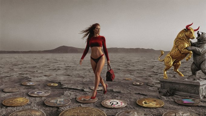 A surreal composite image showing a woman in red top and black bikini walking across large coins embedded in a barren landscape, with a golden bull statue and a silver bear statue facing off in the background, representing bull and bear markets.