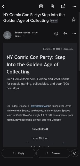 An email screenshot titled 'NY Comic Con Party: Step Into the Golden Age of Collecting' from Solana Spaces, dated September 28, 2026, promoting an October 9 event.