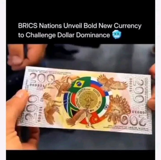 A banknote displaying "200" denominations is held up, featuring BRICS member flags (Brazil, South Africa, and China) arranged around a central gold coin, under the headline "BRICS Nations Unveil Bold New Currency to Challenge Dollar Dominance." The image visually represents the claim of a new gold-backed BRICS currency, though no such official currency currently exists—making this an illustrative or speculative depiction rather than an actual official note.