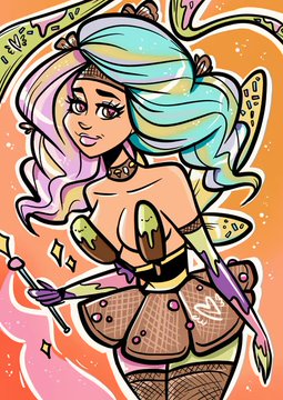 A colorful digital illustration of a stylized female character with pastel rainbow hair, cat ears, and tactical-style clothing.