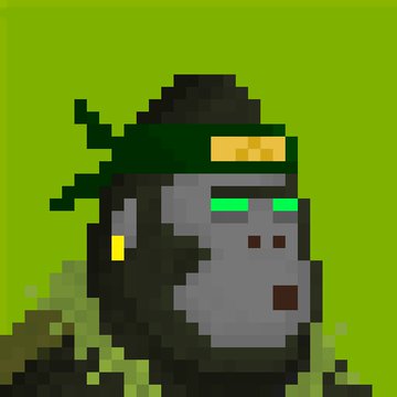 Pixel art of a gorilla character wearing a green headband, set against a solid green background.