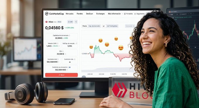 A smiling woman in a green shirt looks back at the camera while sitting at a desk with headphones; behind her is a monitor displaying CoinMarketCap with 'Hive (HIVE)' priced at 0.04560 USD.