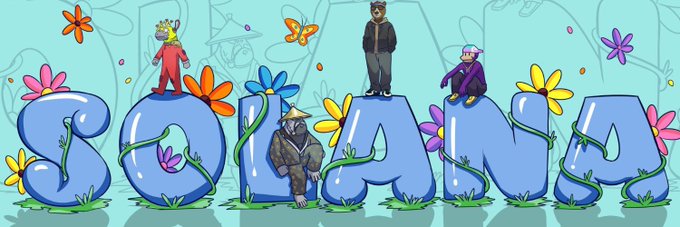 The image features a cartoon illustration of the word "SOLANA" written in blue letters, surrounded by various characters such as a man, woman, and child. The characters are depicted standing or sitting next to each other, creating an artistic representation of the word "SOLANA". The post that accompanies this image reads: 
"Late GM and happy friday #Solana".