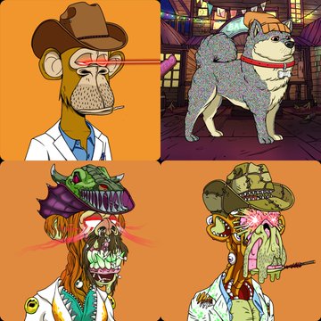 A four-panel digital collage features Bored Ape-style NFT characters, including a lab-coated ape and zombie-like figures, alongside a snowy dog.