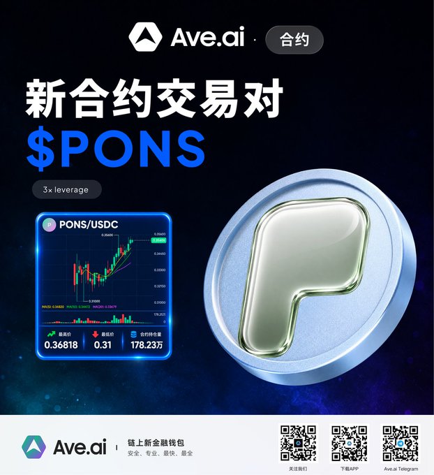 An advertisement for Ave.ai's new PONS/USDC contract trading pair with 3x leverage, featuring a metallic 'P' logo and price chart.