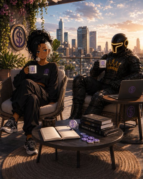 A stylized digital artwork showing a woman with black and white hair and a futuristic armored figure sitting on a rooftop terrace overlooking a city skyline, surrounded by branded merchandise, books, and currency tokens.