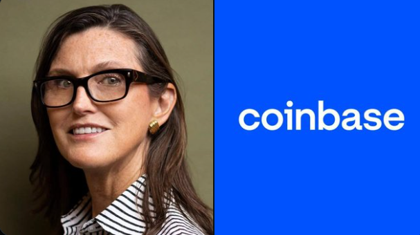 The image features a woman wearing glasses and a striped shirt, with her head slightly tilted to the left side. She has brown hair styled in an afro. The background of the image is dark green. In the foreground, there are two elements on the photo - a blue square that reads "coinbase" along with a picture of the same woman wearing glasses and a striped shirt. The image also includes text related to cryptocurrency investing: "WHALE WATCH: Cathie Wood is rebalancing the conviction. ARK just dropped $29M in !"