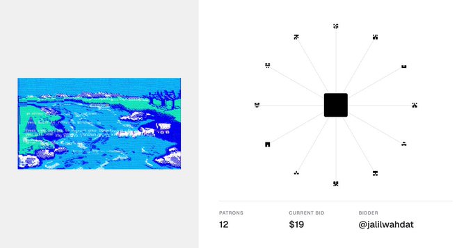 An NFT auction page showing a pixelated underwater scene artwork on the left, with 12 patrons, a current bid of $19, and bidder @jalilwahdat displayed on the right.