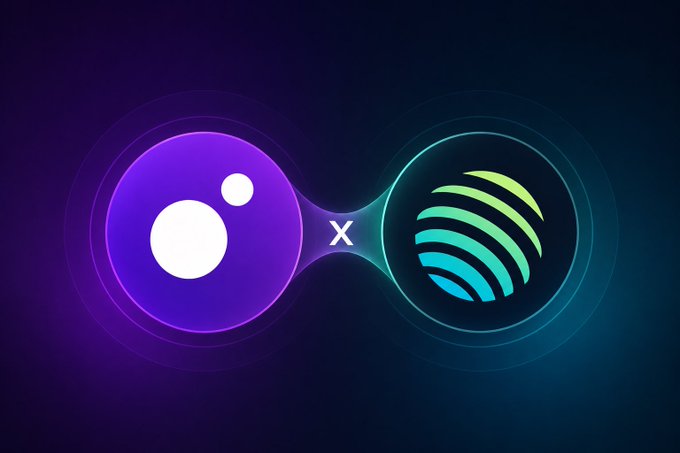 A digital graphic shows two cryptocurrency logos, Render (purple sphere) and another token (green globe design), connected by an 'X' on a dark purple background.