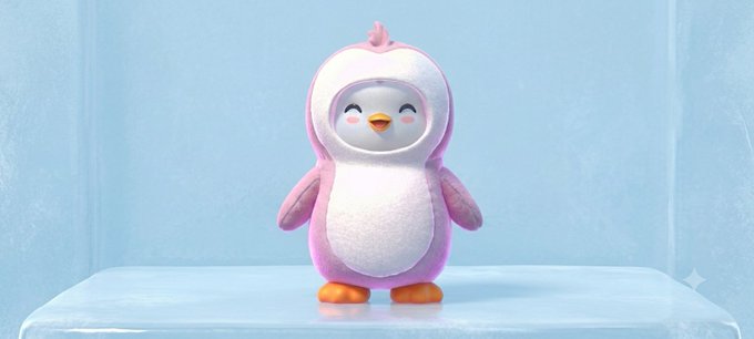 A 3D rendered cartoon penguin character wearing a pink hooded costume with a small tuft on top, standing on a light blue platform against a matching blue background.