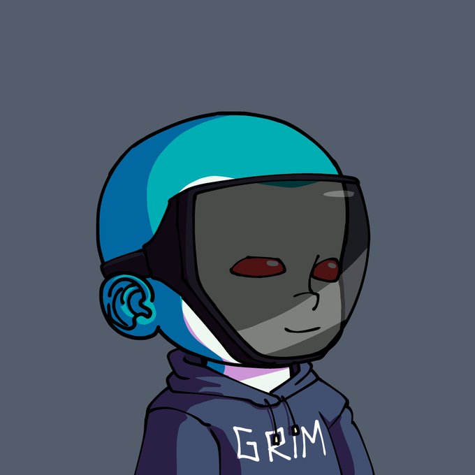 An illustrated character named 'GRIM' wearing a blue helmet with a dark visor and a hoodie with 'GRIM' written on it.