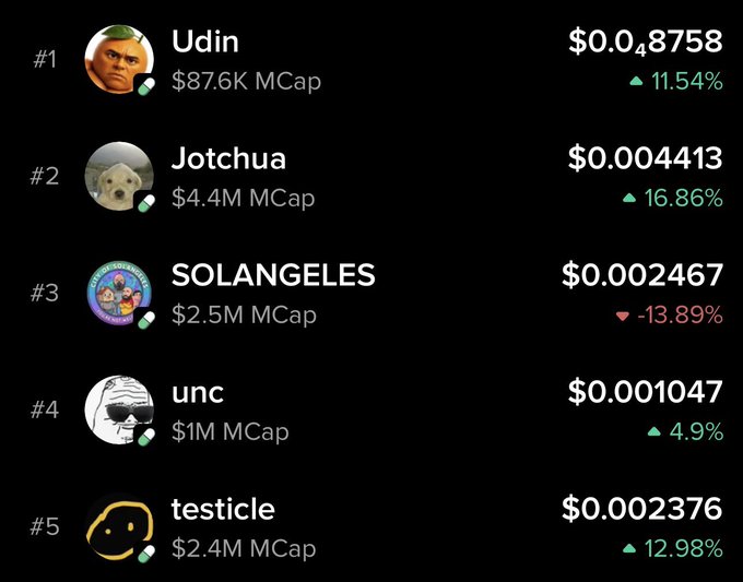 Cryptocurrency ranking list showing tokens including Udin ($0.048758, +11.54%), Jotchua ($0.004413, +16.86%), SOLANGELES ($0.002467, -13.89%), unc ($0.001047, +4.9%), and testicle ($0.002376, +12.98%).