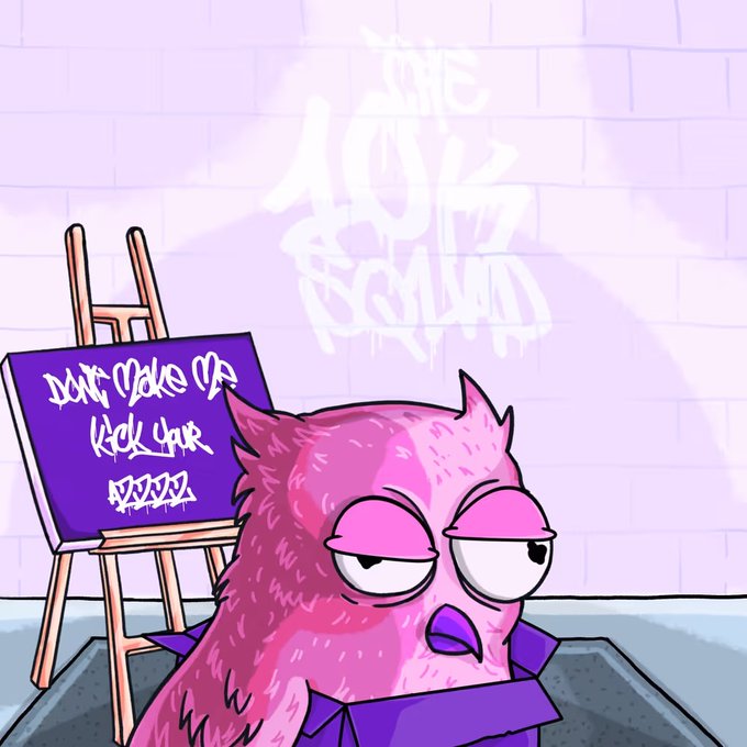 A pink, furry cartoon creature with half-lidded, unenthused eyes sits in front of a brick wall spray-painted with "The 10k Squad," next to an easel displaying a purple canvas that reads "Don't Make Me Kick Your Ass." The image illustrates the artist's NFT work for "The 10k Squad #1458," humorously portraying a grumpy, ill-tempered character that embodies the post's joke about the artwork needing "medical attention."