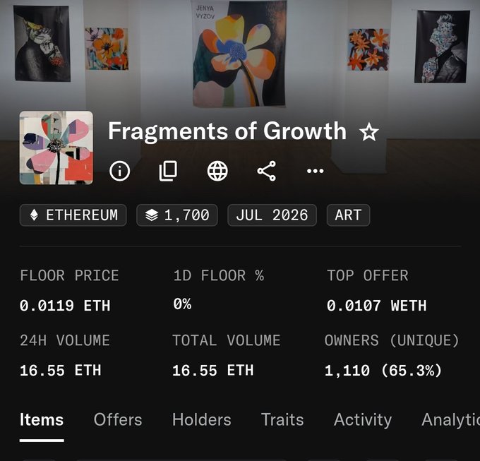 An NFT collection page for 'Fragments of Growth' on Ethereum, showing a floor price of 0.0119 ETH, top offer of 0.0107 WETH, 24H volume of 16.55 ETH, and 1,110 unique owners (65.3%).