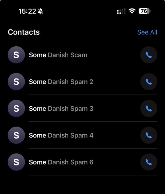 An iPhone screenshot of a Contacts list shows multiple entries labeled 'Some Danish Scam,' 'Some Danish Spam 2,' 'Some Danish Spam 3,' 'Some Danish Spam 4,' and 'Some Danish Spam 6.'